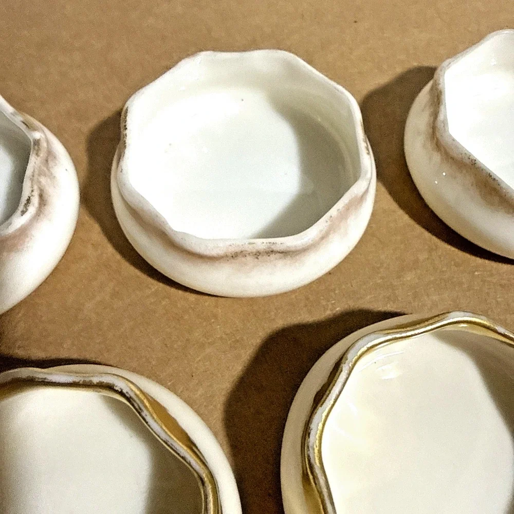 Vintage Belleek Open Salt Dish 5pc Set White Porcelain Gold Rim Ireland
